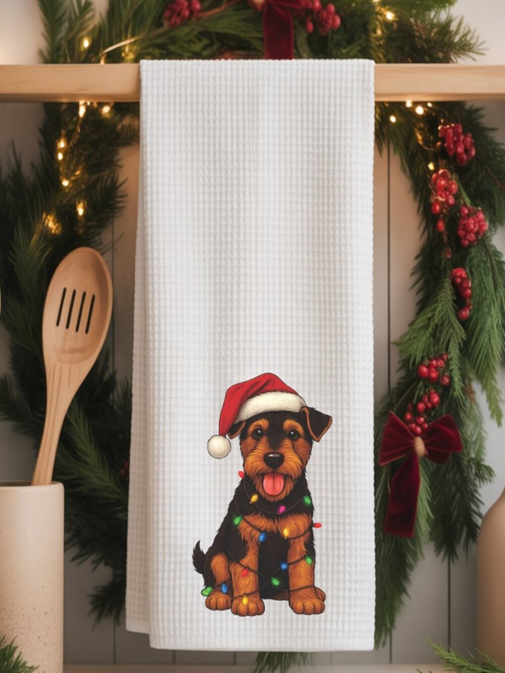 Welsh Terrier Christmas Lights Decorative Kitchen Tea Towel